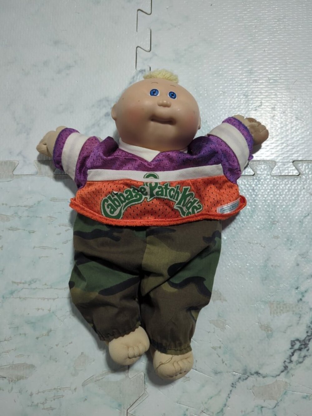 Cabbage Patch Kids 1982 Doll Boy Blonde Hair Football Uniform Army Camp Purple